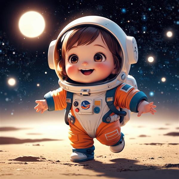 عکس باکیفیت کودک فضانورد با لباس نارنجی در حال دویدن روی سطح ماه، ماه کامل در آسمان پر ستاره