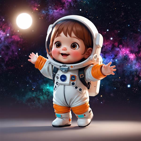 تصویر کودک فضانورد با لباس نارنجی و پس‌زمینه کهکشان رنگین‌کمانی، مناسب چاپ عریض دکوراسیون