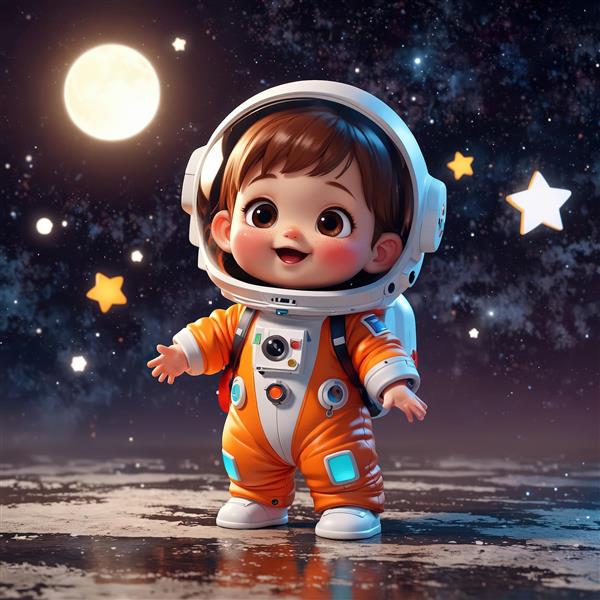 طرح گرافیکی کودک فضانورد با لباس نارنجی در شب پرستاره، ماه کامل و ستاره‌های درخشان، فایل PNG با کیفیت عالی