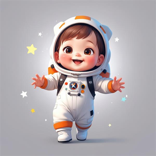 عکس استوک کودک فضانورد بامزه در حال راه رفتن با جزئیات نارنجی، پس‌زمینه روشن و شاد