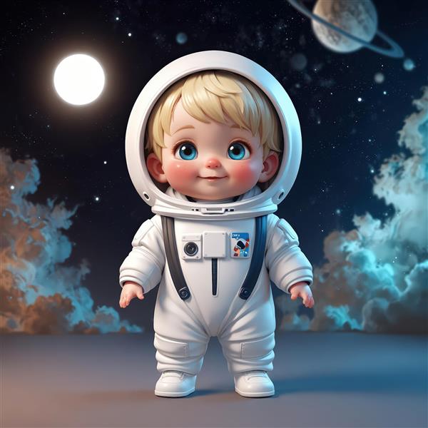 تصویر کودک فضانورد بلوند در فضای کهکشانی با سیاره زحل و ابرها، مناسب چاپ پوستر دیواری