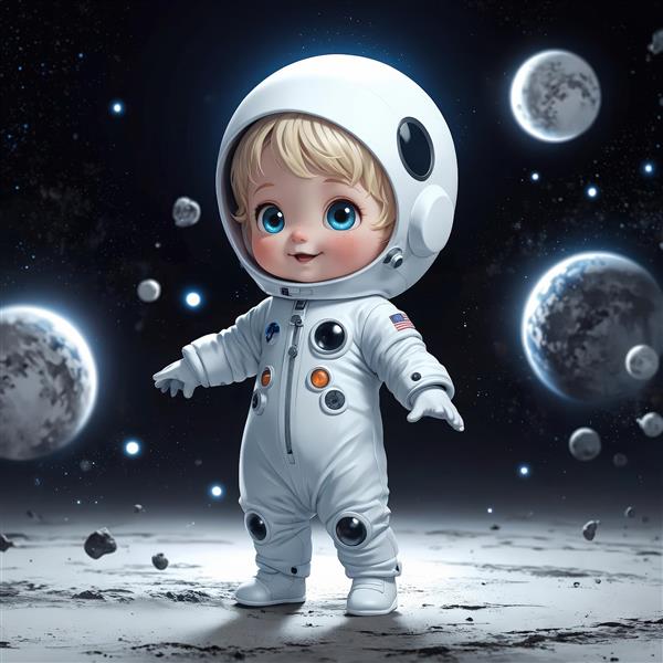کودک فضانورد شاد روی سطح ماه با سیاره‌ها و خرده‌سنگ‌های معلق، کیفیت بالا برای چاپ تابلو