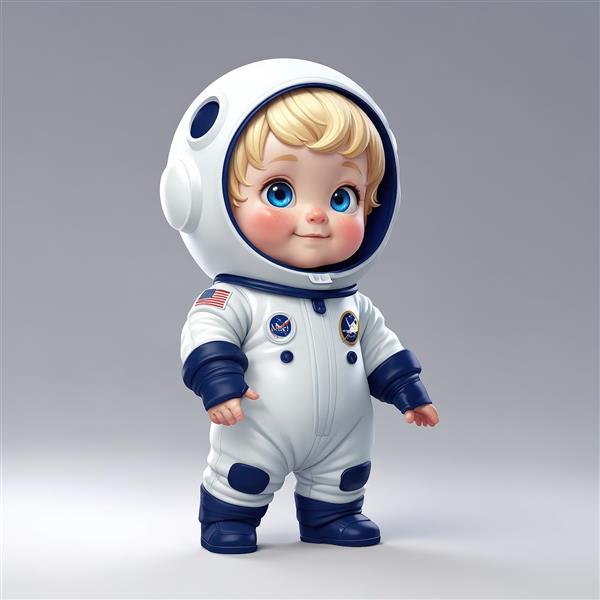 طرح گرافیکی کودک فضانورد بلوند با لباس سفید و آبی (پرچم آمریکا)، عکس استوک برای محصولات دکوراتیو