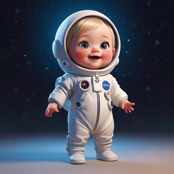 تصویر اورجینال کودک فضانورد بلوند با لباس سفید (لوگوی ناسا)، مناسب چاپ عریض برای دکور اتاق کودک