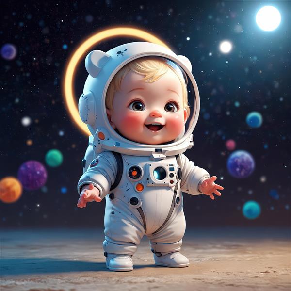 عکس باکیفیت کودک فضانورد خندان با هاله نورانی و سیارات رنگی، طرح پس‌زمینه کهکشانی پرمیوم