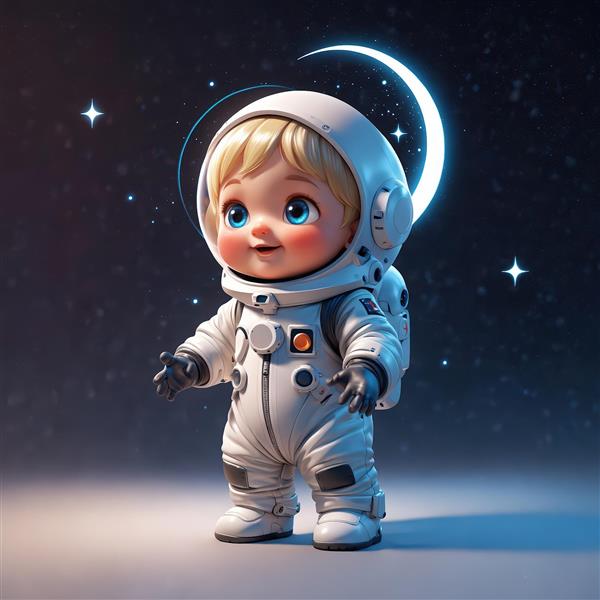 کودک فضانورد شاد با هلال ماه در پشت سر، طرح پرمیوم کهکشانی، با کیفیت فوق‌العاده