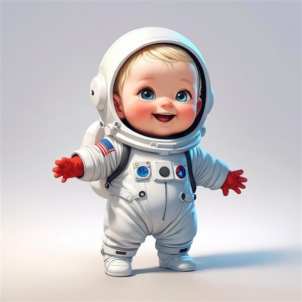 تصویر کودک فضانورد بلوند خندان با دستکش‌های قرمز، عکس استودیوئی با نورپردازی حرفه‌ای، مناسب چاپ
