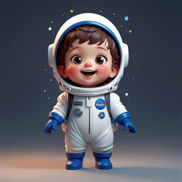عکس حرفه‌ای کودک فضانورد خندان با لباس سفید و آبی، طرح مینیمال برای پس‌زمینه و چاپ باکیفیت