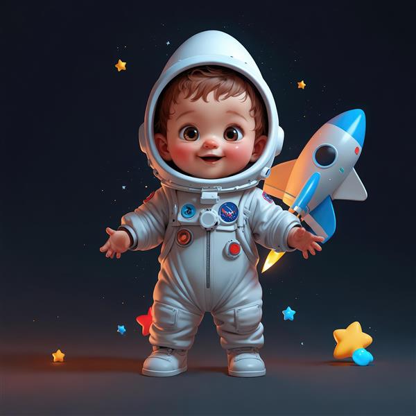 کودک فضانورد خندان با موشک اسباب‌بازی و ستاره‌های رنگی، فایل باکیفیت برای دکوراسیون فضایی