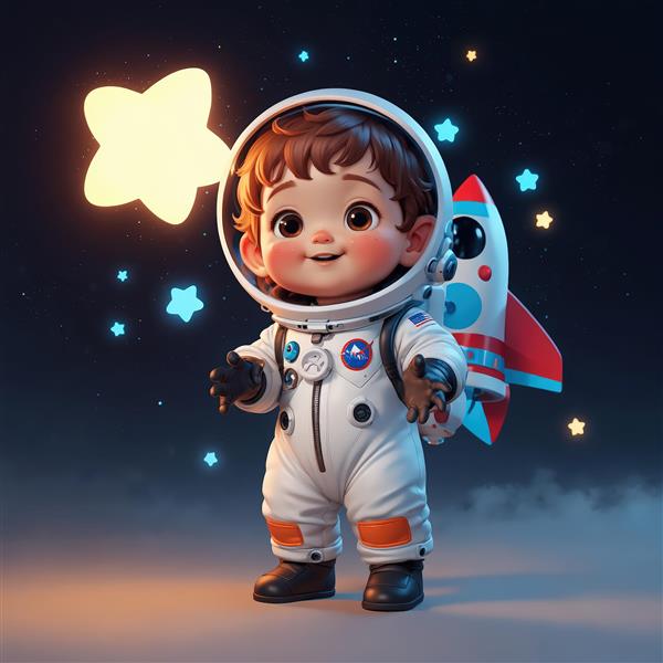 تصویر اورجینال کودک فضانورد بامزه با موشک و ستاره درخشان، مناسب چاپ بنر و محصولات هنری