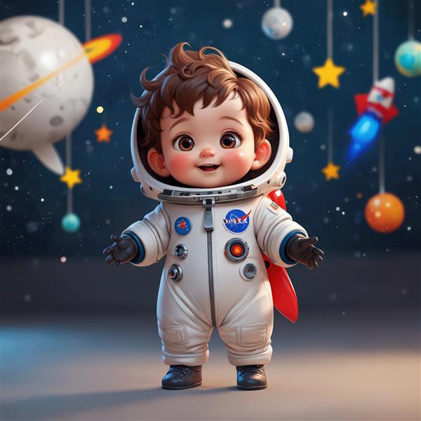 عکس استوک کودک فضانورد خوشحال در فضای آویزان با موشک و سیارات، کیفیت چاپ برای پوستر دیواری