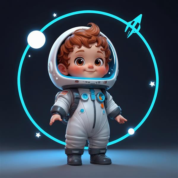 طرح گرافیکی کودک فضانورد درخشان با هاله نئونی و موشک، عکس استوک پریمیوم برای دکور اتاق کودک