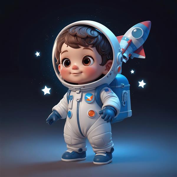تصویر کودک فضانورد بامزه با کوله‌پشتی موشکی، پس‌زمینه شب و ستاره‌ها، کیفیت بالا برای تابلو