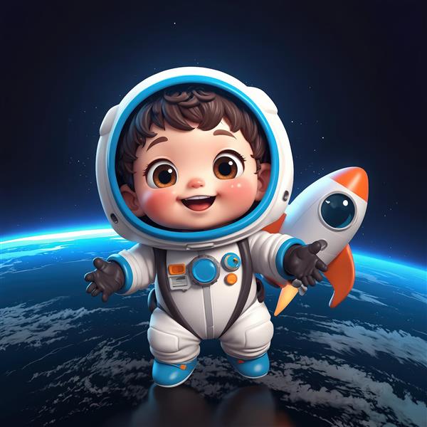 عکس باکیفیت کودک خندان فضانورد با موشک روی کره زمین، طرح پس‌زمینه کهکشانی برای چاپ عریض