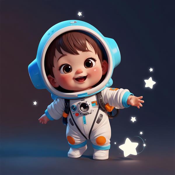 تصویر اورجینال کودک فضانورد شاد با کلاه فضایی و ستاره‌های درخشان، مناسب پوستر دکوراتیو