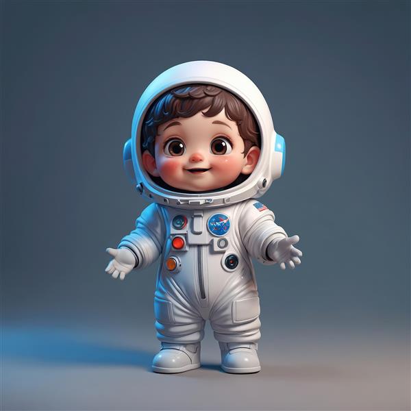 عکس استوک کودک فضانورد با نشان‌های فضایی روی لباس و پس‌زمینه ساده خاکستری