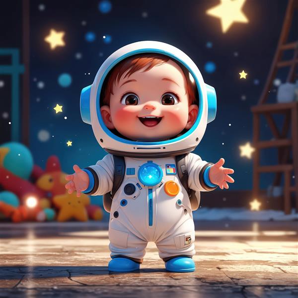 طرح گرافیکی کودک فضانورد با کلاه آبی و اسباب‌بازی‌ها در اتاق تاریک ستاره‌ای