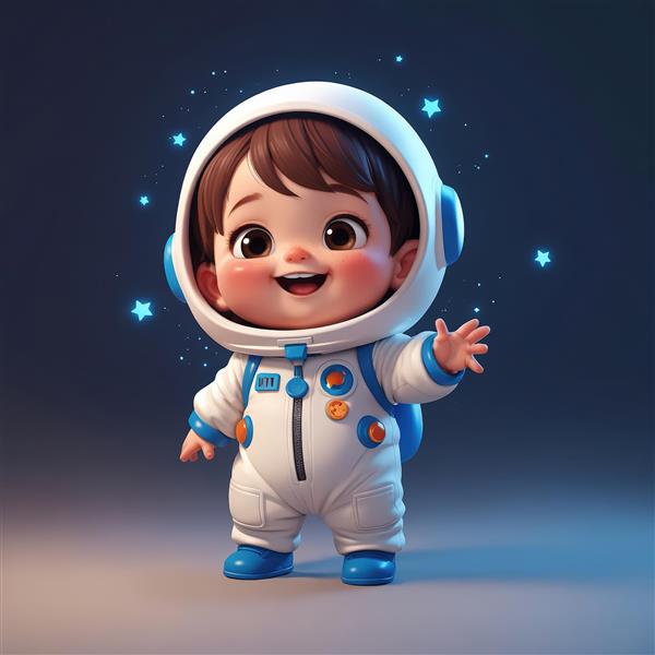 دانلود عکس کودک فضانورد با چکمه‌های آبی و درخشش ستاره‌های نئونی کوچک