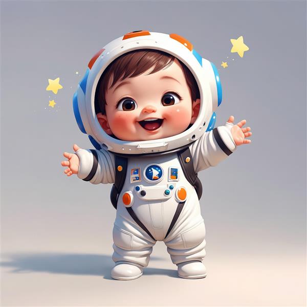 تصویر اورجینال کودک فضانورد با کلاه فانتزی و جزئیات آبی و نارنجی