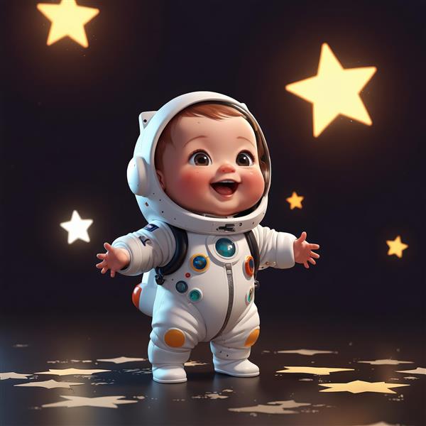 پوستر کودک فضانورد خندان در میان ستاره‌های زرد بزرگ (تصویر HD برای دکور)