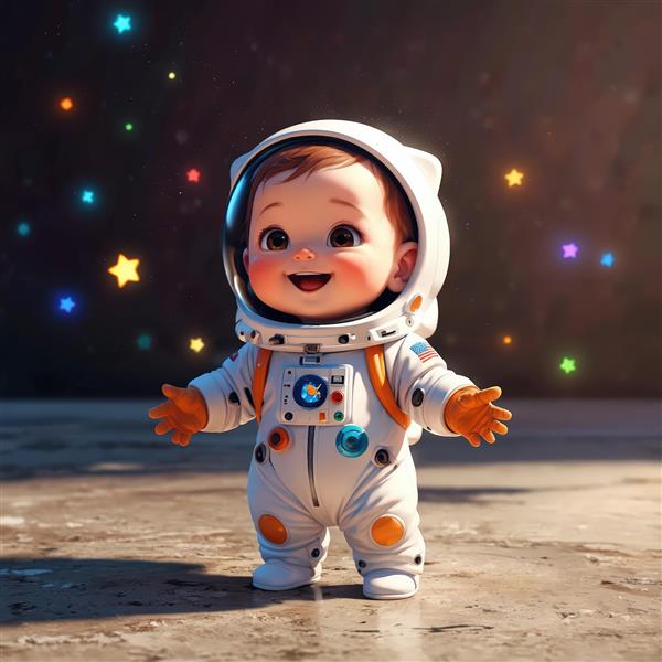 عکس باکیفیت کودک فضانورد با ستاره‌های رنگارنگ در پس‌زمینه کهکشانی