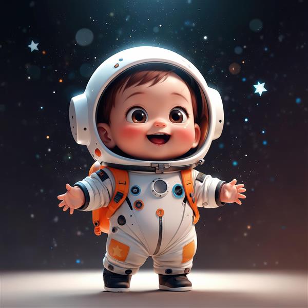 طرح گرافیکی کودک فضانورد با کوله‌پشتی نارنجی و درخشش ستاره‌ها در شب