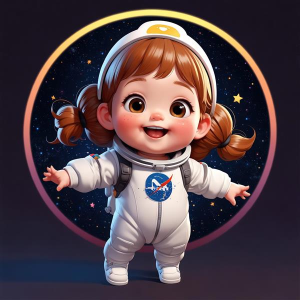 دانلود عکس اورجینال دختر فضانورد با لگوی ناسا و هاله ستاره‌ای (مناسب تابلو)