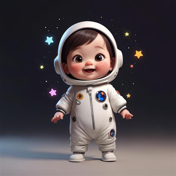عکس کودک فضانورد خندان با ستاره‌های درخشان رنگی روی پس‌زمینه تیره