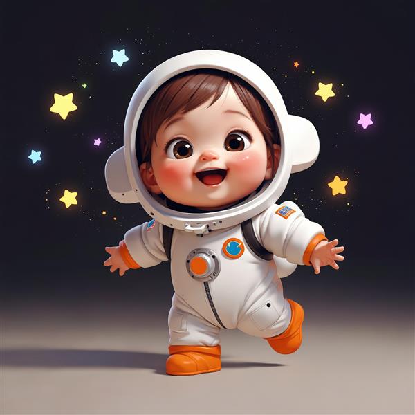 طرح فانتزی کودک فضانورد با چکمه‌های نارنجی و حرکت پرانرژی در فضا