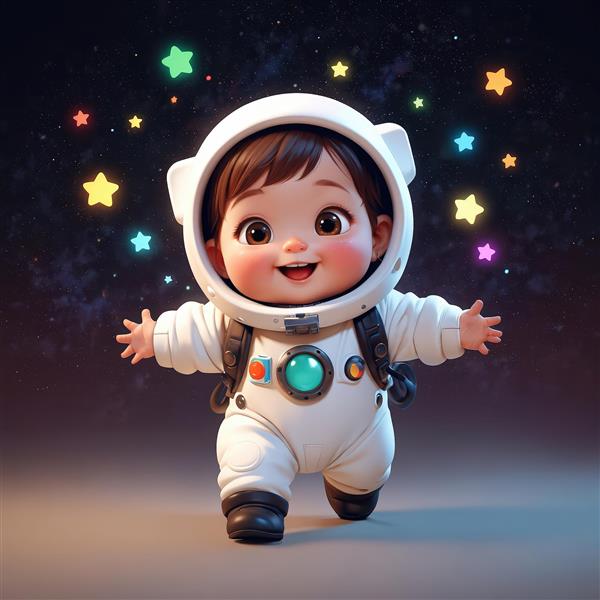 دانلود عکس اورجینال کودک فضانورد در حال راه رفتن با ستاره‌های نئونی رنگارنگ