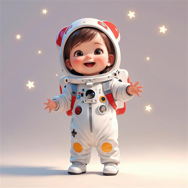 تصویر استوک کودک فضانورد با کلاه خرس قرمز و کوله‌پشتی در پس‌زمینه روشن