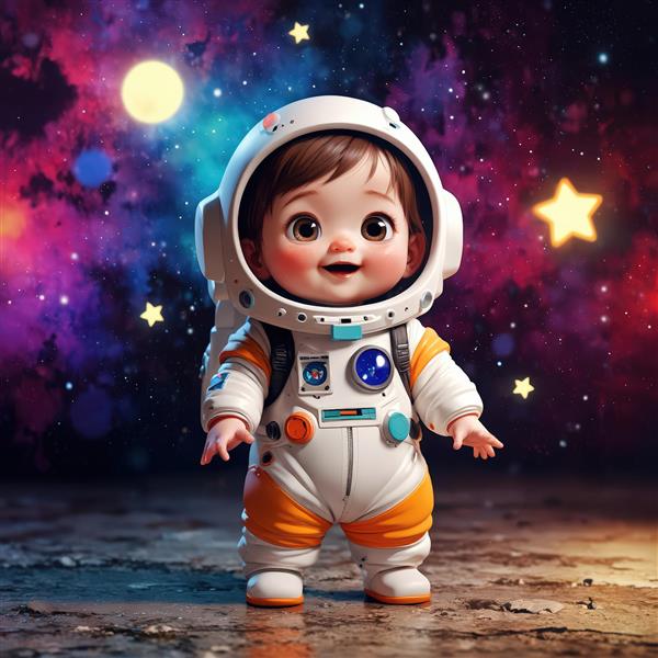 پوستر جذاب کودک فضانورد با لباس نارنجی در کهکشان رنگین‌کمانی و ستاره درخشان