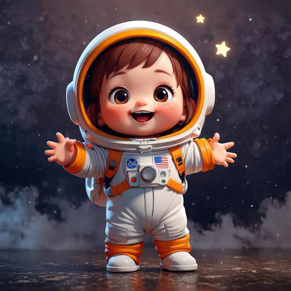 عکس باکیفیت کودک فضانورد با جزئیات نارنجی و دست‌های باز در فضای پر ستاره