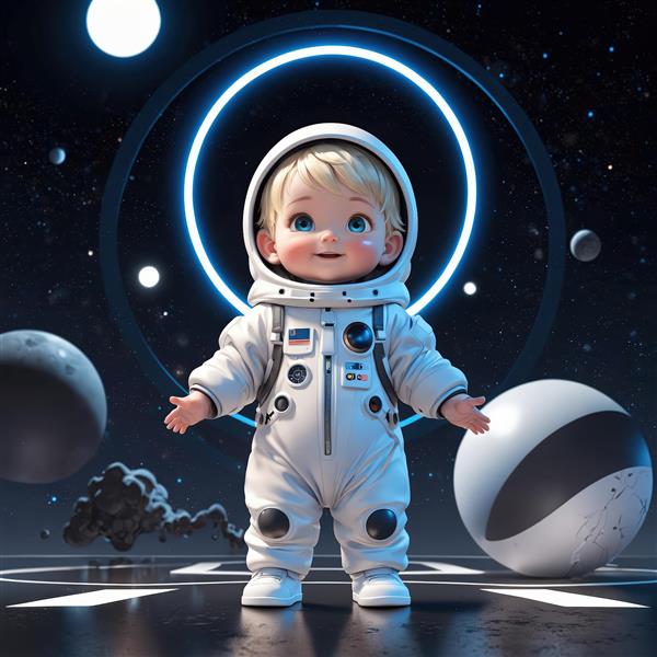 طرح گرافیکی کودک فضانورد با موهای بلوند در فضای مدرن و هاله نئونی آبی