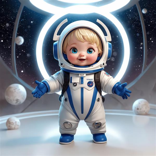 تصویر اورجینال کودک فضانورد با لباس سفید و آبی در ایستگاه فضایی (مناسب تابلو)