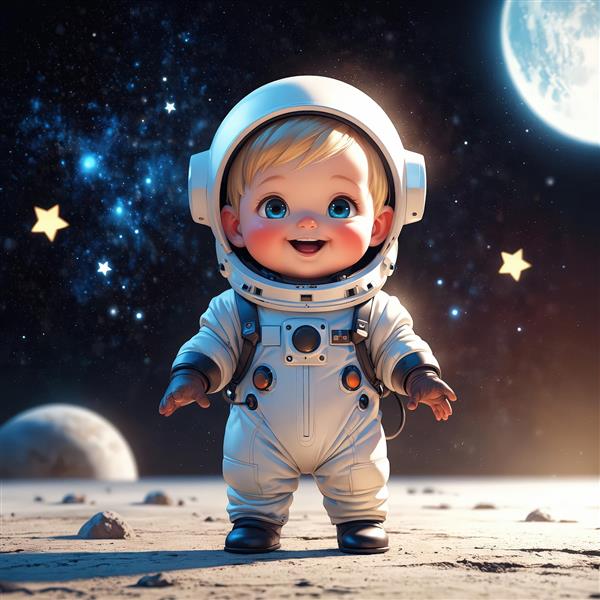 پوستر کودک فضانورد خندان روی سطح ماه با پس‌زمینه کهکشان و سیاره بزرگ