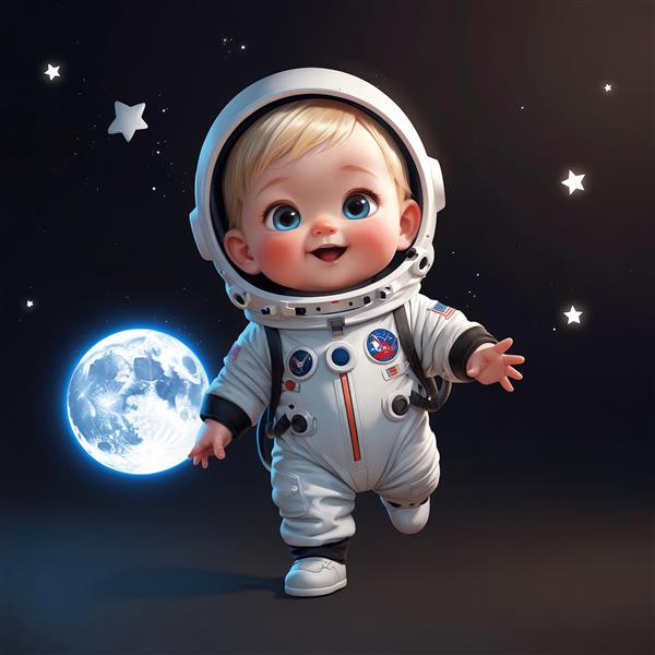 طرح فانتزی کودک فضانورد با ماه درخشان آبی در دستانش (مناسب چاپ تابلو)