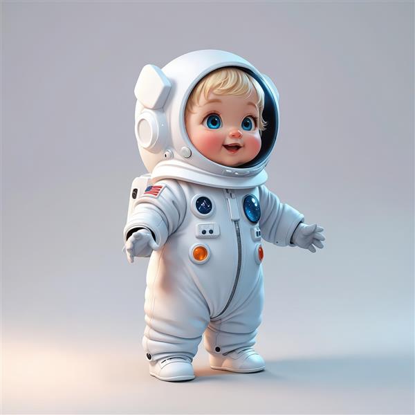 تصویر اورجینال کودک فضانورد با موهای بلوند و چشم آبی با نور ملایم (طرح سه‌بعدی)