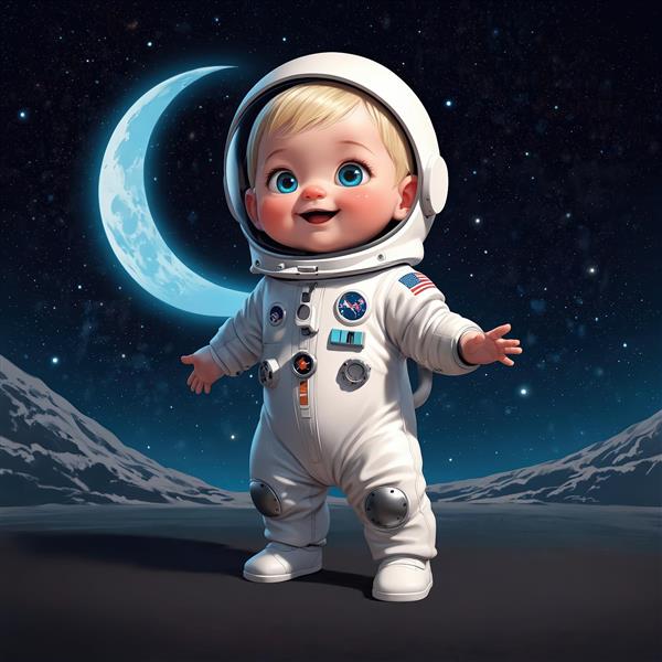 عکس استوک کودک فضانورد در منظره کوهستانی ماه با هلال آبی در پس‌زمینه