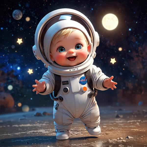 پوستر کودک فضانورد با موهای بلوند در سیاره‌ای دور و ماه درخشان