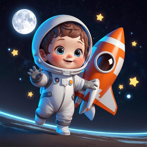 تصویر باکیفیت کودک فضانورد در حال راه رفتن روی سیاره با موشک نارنجی و ماه کامل