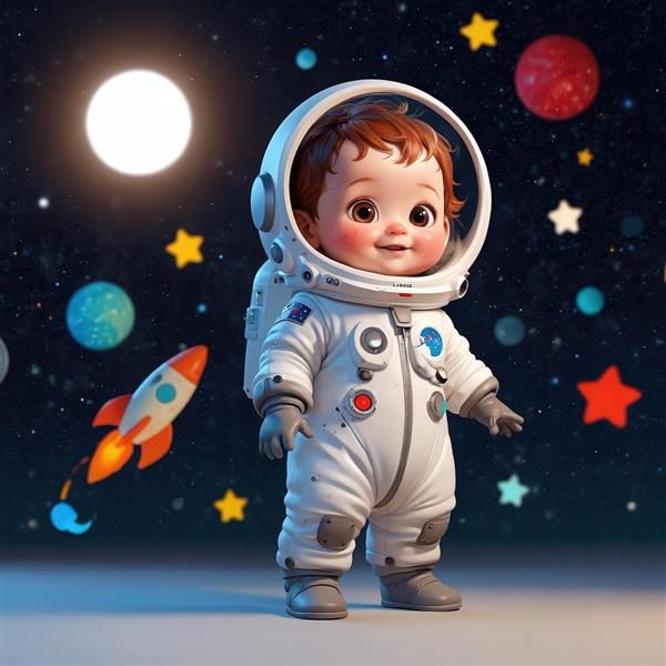 طرح گرافیکی کودک فضانورد ایستاده در کهکشان با سیارات رنگارنگ و موشک کوچک