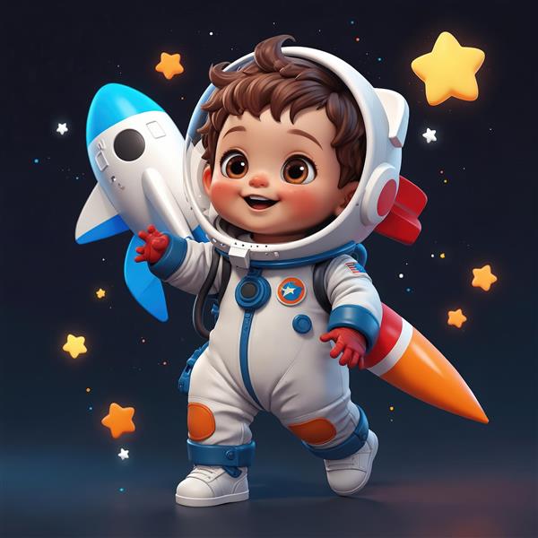 عکس اورجینال کودک فضانورد با موشک آبی و نارنجی در دستانش (وب فارسی)