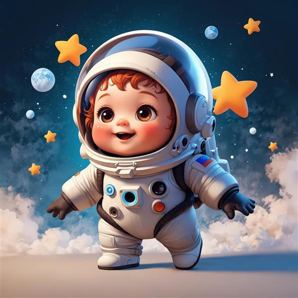 پوستر فانتزی کودک فضانورد در میان ابرها و ستارگان زرد (طرح باکیفیت برای چاپ)