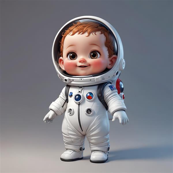 دانلود عکس استوک کودک فضانورد خندان با لباس سفید و پس‌زمینه ساده (کیفیت بالا)
