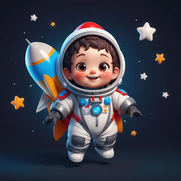 تصویر اورجینال کودک فضانورد با موشک پشتی و کلاه قرمز (مناسب پوستر اتاق کودک)