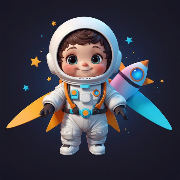 طرح اورجینال کودک فضانورد با موشک فانتزی در پشت و بال‌های پرواز