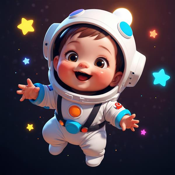 عکس استوک کودک فضانورد شناور در فضا با ستاره‌های رنگی (مناسب چاپ عریض)