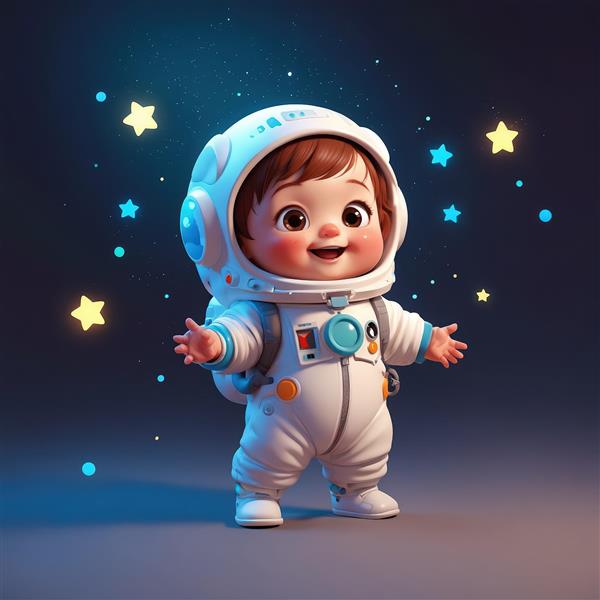 پوستر جذاب کودک فضانورد با کوله‌پشتی و آماده پرواز در فضای کهکشانی