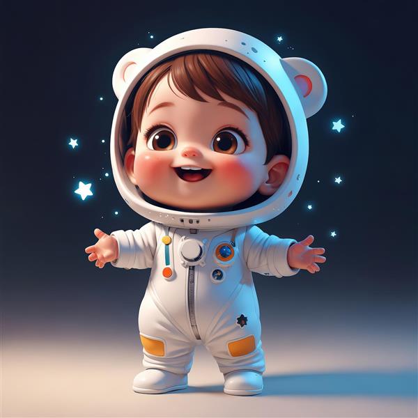 تصویر اورجینال کودک فضانورد ایستاده با کلاه خرس و نور پس‌زمینه ملایم (دکور اتاق)